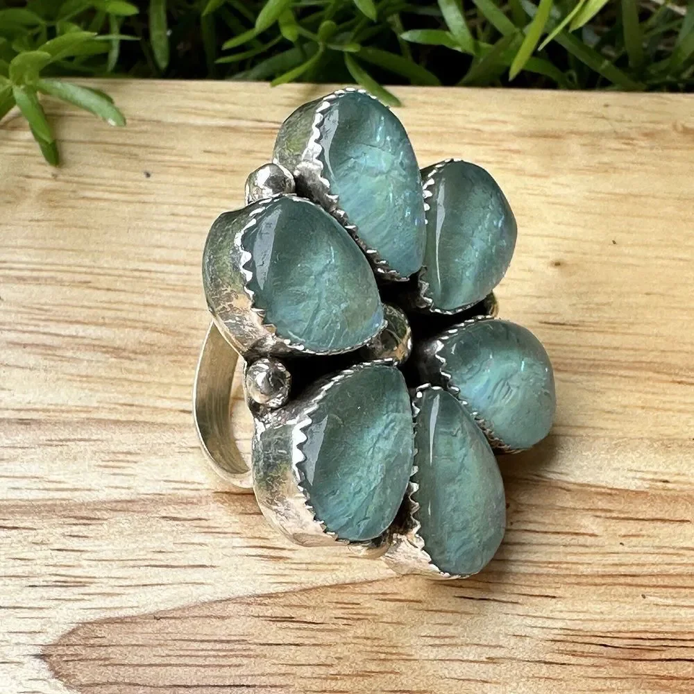 AR Yazzie Navajo Floral Ring Sterling Silver‎ 6.25 Foil Opal Glass 17.2g Signed